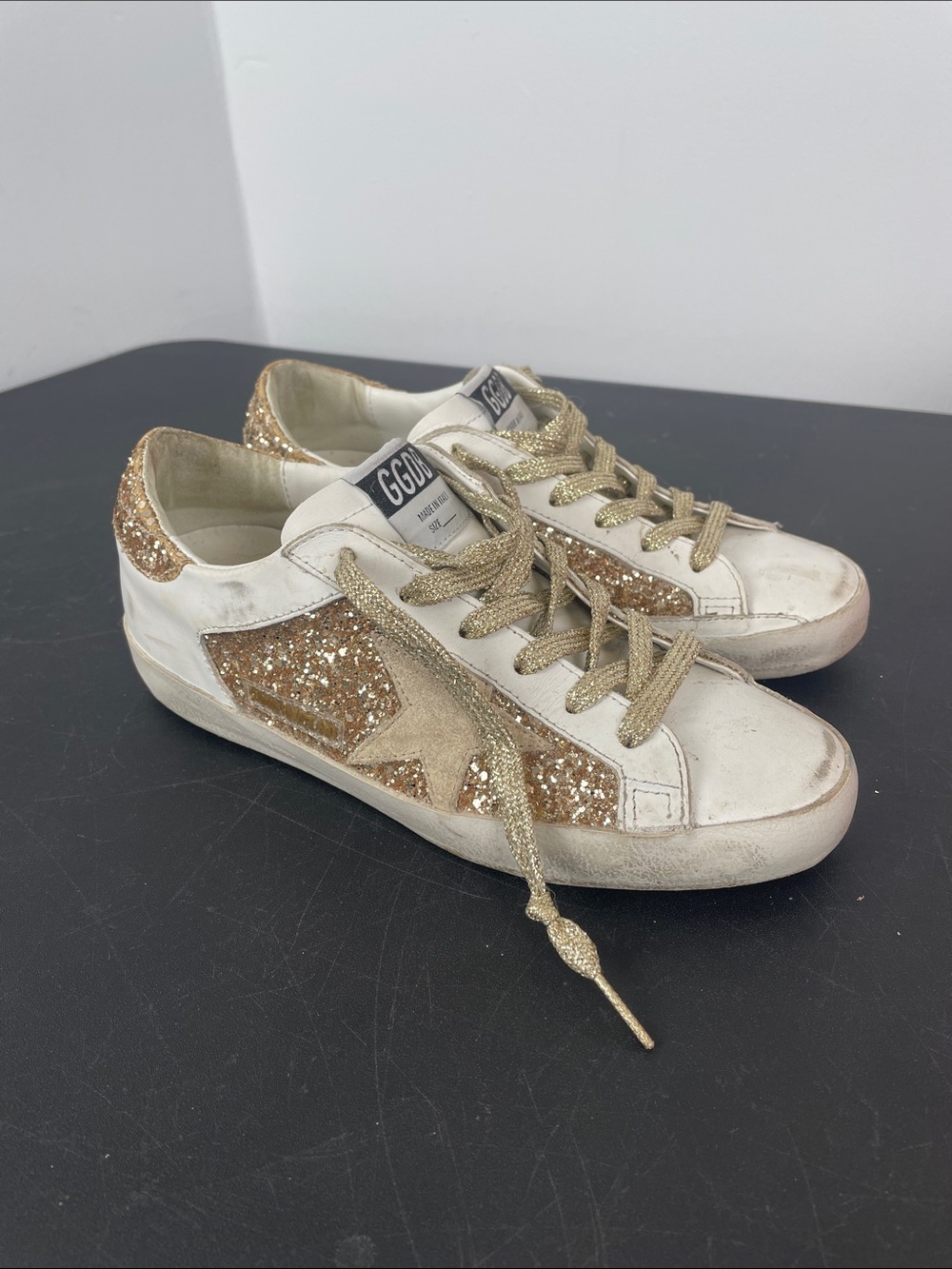 Golden Goose White and Gold Glitter Superstar Sneakers